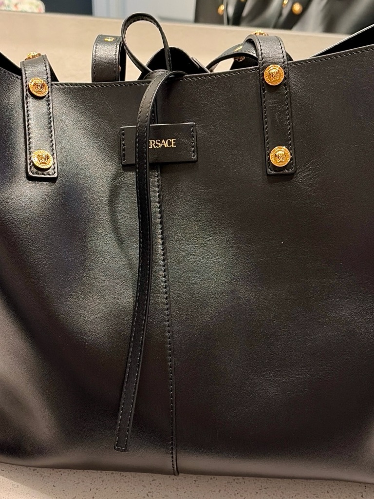 Versace Black Leather Tote With Gold Medusa Buttons